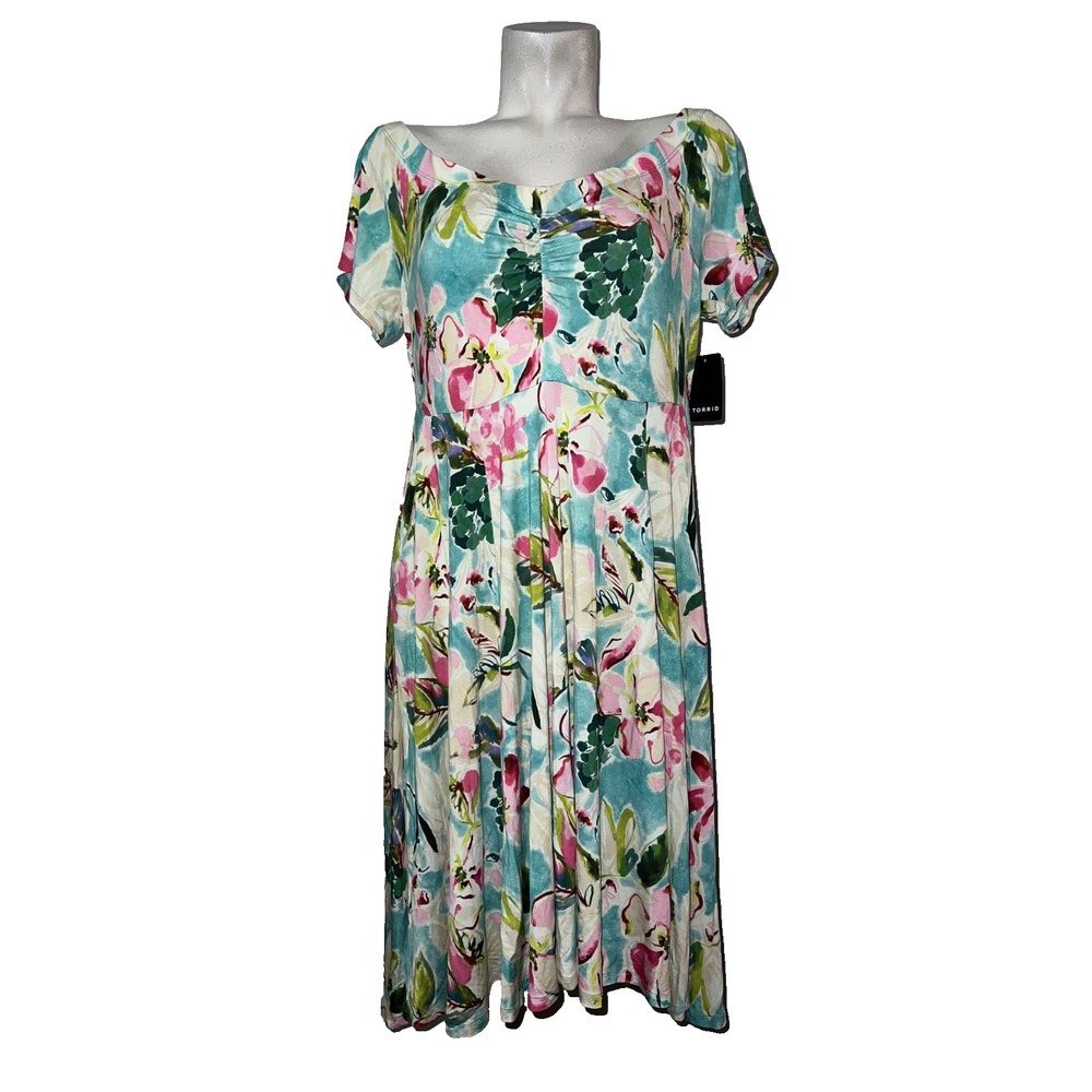 Torrid Super Soft Floral Off Shoulder Skater Dress 1X 14-16 Teal Pink 40465132